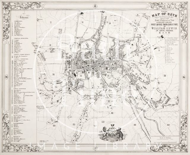 Postal map of Bath showing the boundary of the town delivery 1850