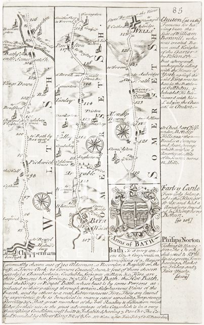 A strip map of Somersetshire and Wiltshire showing the route from Chippenham to Wells via Bath c.1720