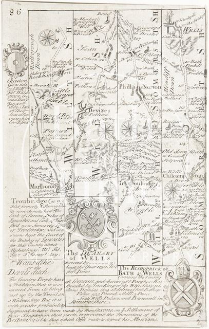 A strip map of Somersetshire and Wiltshire showing the route from Marlborough to Wells via Devizes c.1720