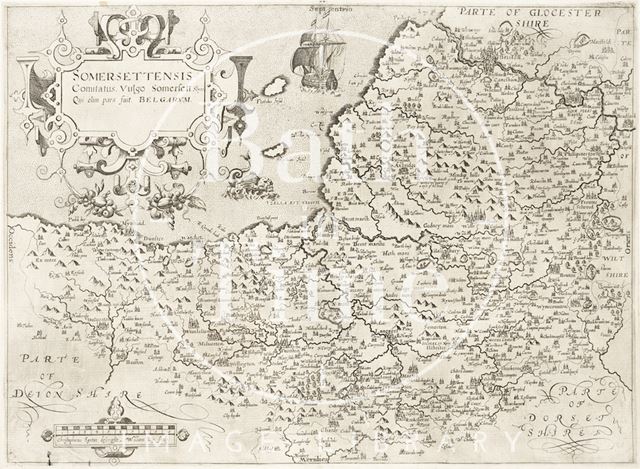 Map of Somersetshire: Somersettensis Comitatus. Vulgo Somersettshyre Qui olim pars suit Bel Gar. V.M. 1610