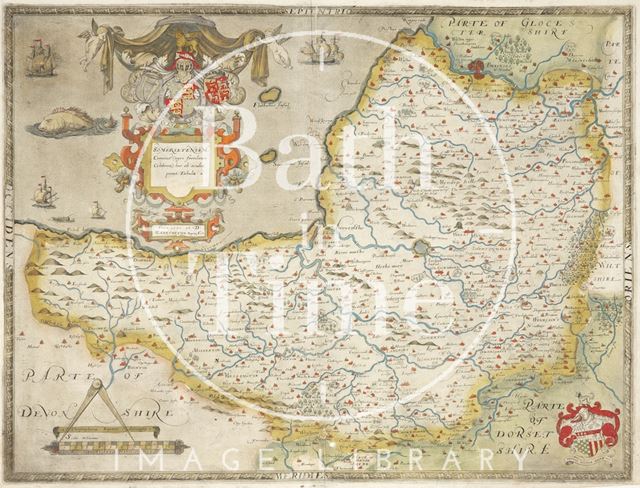 Saxton's map of Somersetshire, Somersetensem, comitat cagri fertilitate celebrem hec ob oculos ponit Tabula 1575