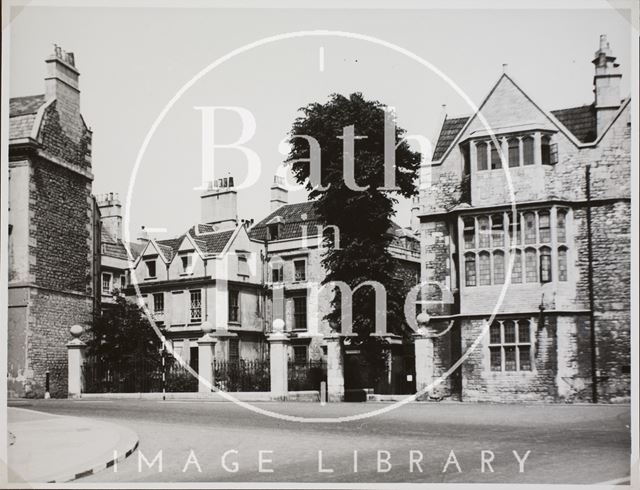 Chapel Court and part of the rebuilt facade of Abbey Church House, Westgate Buildings, Bath c.1955