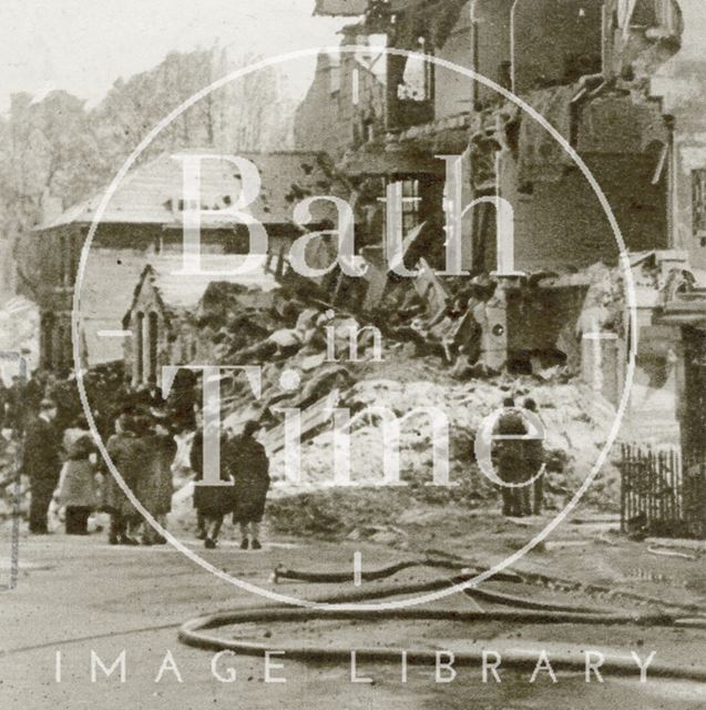 Bombed buildings on the corner of Catharine Place and Circus Mews, Bath c.1942