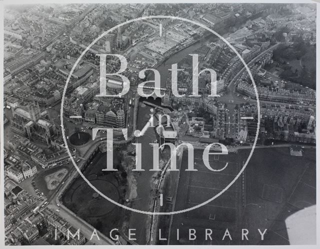 Aerial view of Pulteney Weir, Bath 1971