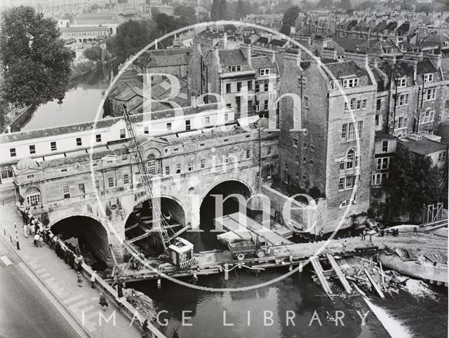 Pulteney Bridge showing weir redevelopment, Bath 1970