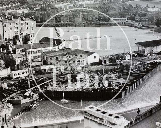 Pulteney Bridge showing weir redevelopment, Bath 1969