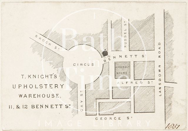 Trade card and street plan for T. Knight's Upholstery Warehouse, 11 & 12, Bennett Street, Bath 1851