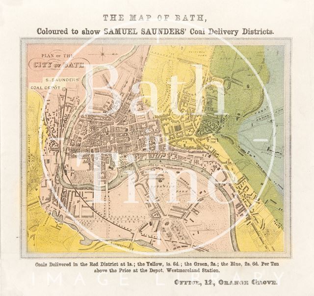 The Map of Bath Coloured to show Samuel Saunders' Coal Delivery Districts 1856