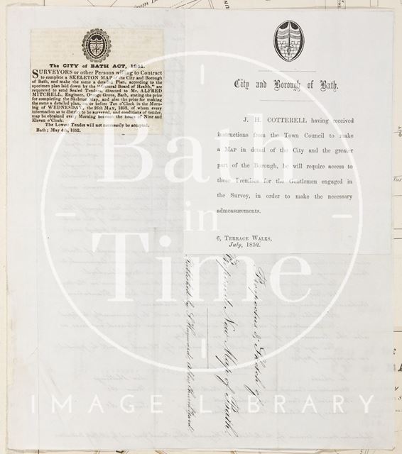 Two items relating to the commissioning of a new survey of the city to create a detailed map under the City of Bath Act 1851