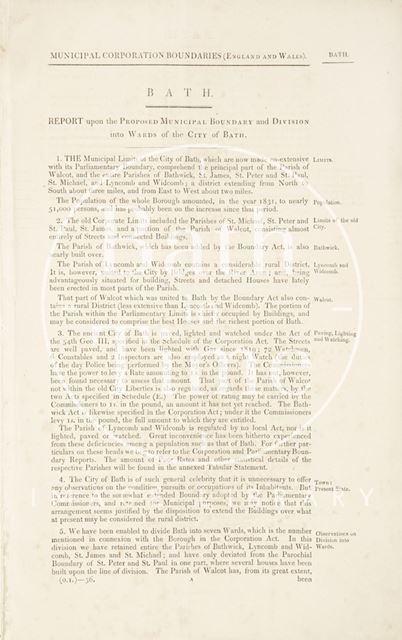 Report upon the Proposed Municipal Boundary and Division into Wards of the City of Bath c.1831