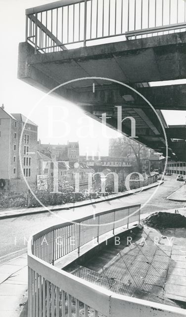 View of the rear of Pulteney Bridge, Bath, showing the Podium Car Park 1983