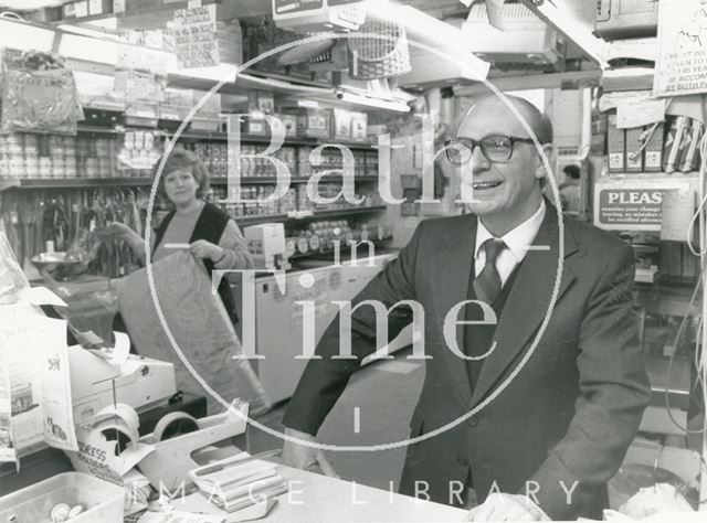 Ken Overment in the interior of his pet shop at Walcot Street, Bath 1988