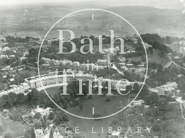 Aerial photograph of Bath featuring Lansdown Crescent, All Saints' Chapel and St. Stephen's Church 1920