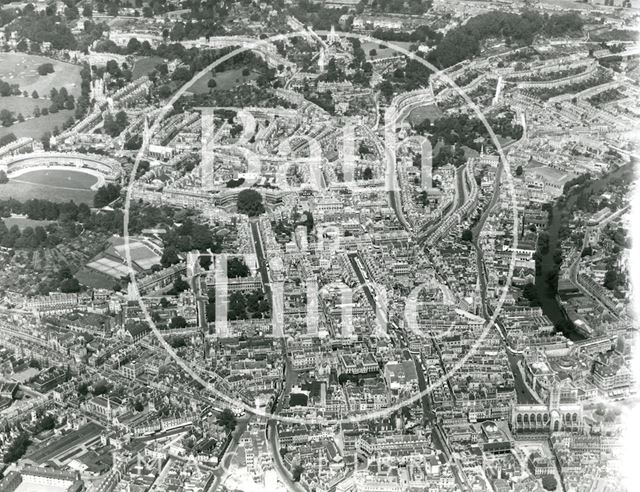 Aerial photograph of Bath featuring the Abbey, St. Michael's Church, the Circus and the Crescent 1935