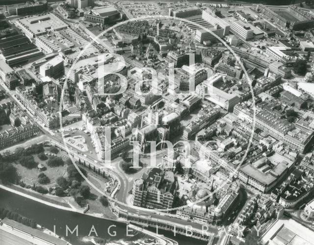 Aerial photograph of Bath showing a southeastern view from the River Avon towards the Empire Hotel and Abbey 1974