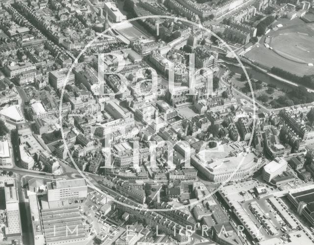 Aerial photograph of Bath showing a northeasterly view from Southgate looking towards the Empire Hotel and River Avon 1974