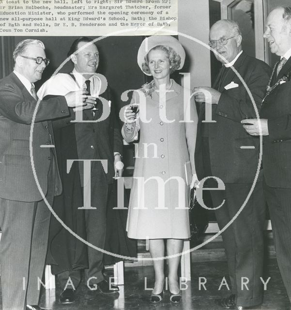 Margaret Thatcher after the opening of the new hall at King Edward's School on North Road, Bath 1974