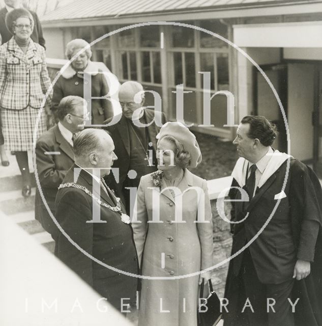 Margaret Thatcher, Tom Cornish Mayor of Bath and the Headmaster Mr. Brian Holbeche after the opening of the new hall at King Edward's School on North Road, Bath 1974