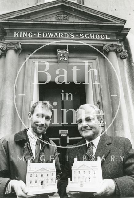 Timothy Richards and Headmaster John Wroughton holding miniature models of the King Edward's Lower School, Broad Street, Bath 1990