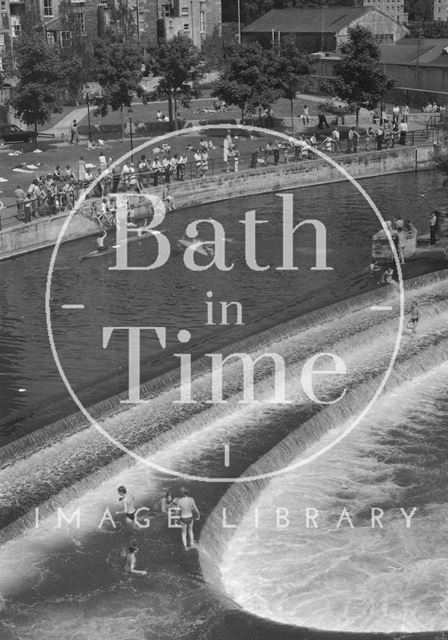 Swimmers in the weir at Pulteney Bridge, Bath 1978