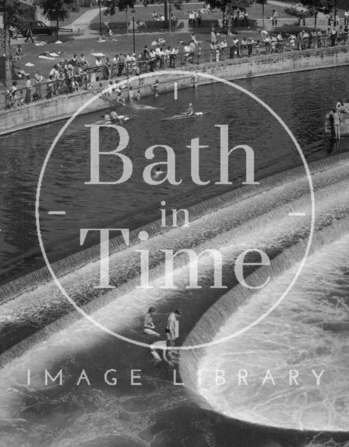 Swimmers in the weir at Pulteney Bridge, Bath 1978