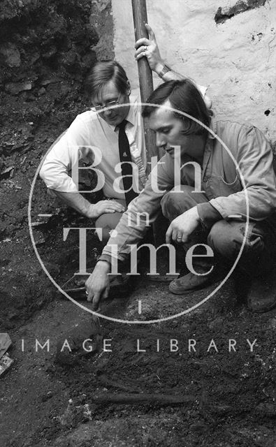 The Roman mosaic and skeleton found under the Crystal Palace pub, Abbey Green, Bath 1981