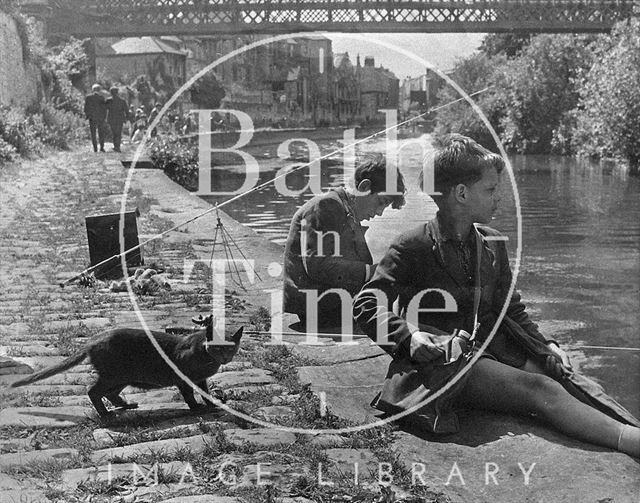 Two boys and a cat fishing on the riverbank below Claverton Street, Bath c.1960