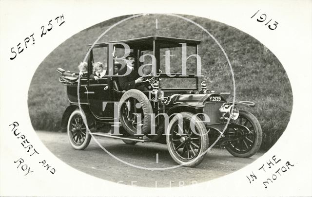 The photographer's twins being chauffeured by their uncle Sidney Bence 1913