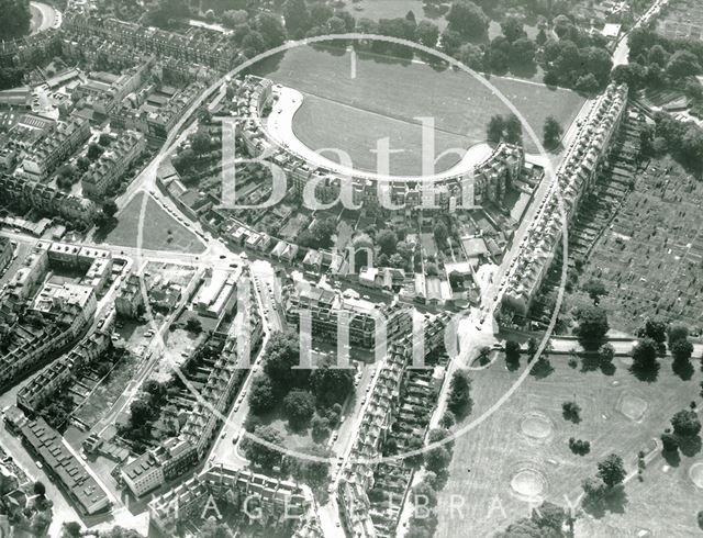 Aerial view of Royal Crescent and St. James's Square, Bath 1971