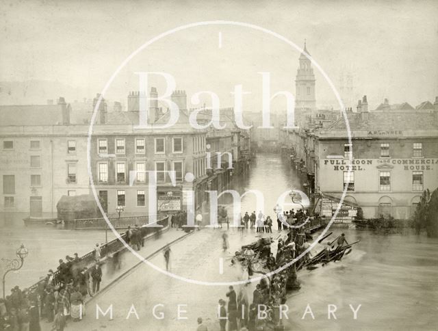 View over the Old Bridge of a flooded Southgate Street and River Avon, Bath during the Great Flood 1882