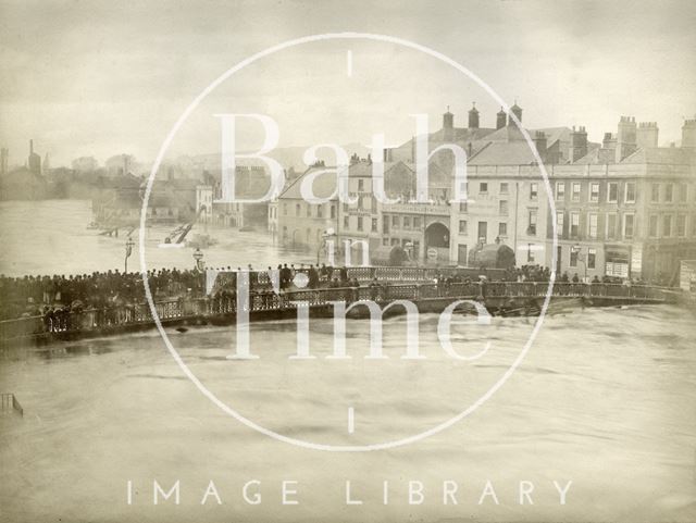 View across the Old Bridge towards Broad Quay, Bath during the Great Flood 1882