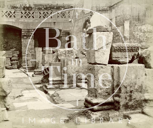 Roman artefacts shown at the newly excavated Roman Baths in Bath c.1890