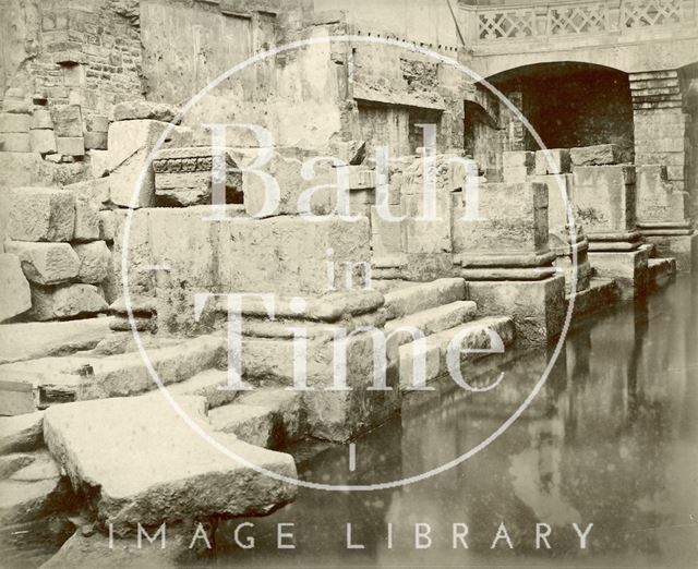 Roman artefacts shown at the newly excavated Roman Baths, Bath c.1890