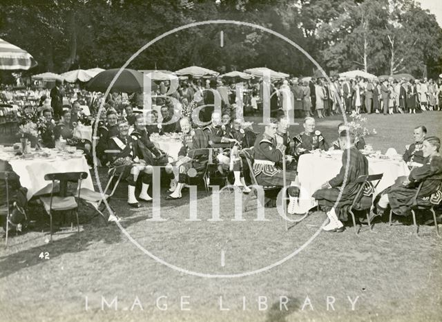 The Highland Regiment taking tea at the mayoral garden party, Royal Victoria Park, Bath 1929