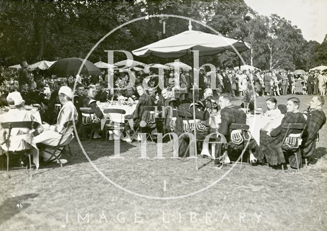 The Highland Regiment taking tea at the mayoral garden party, Royal Victoria Park, Bath 1929