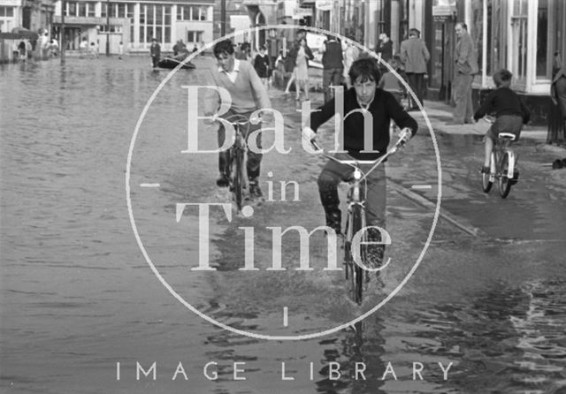 Boys playing on the flooded Lower Bristol Road, Bath 1968