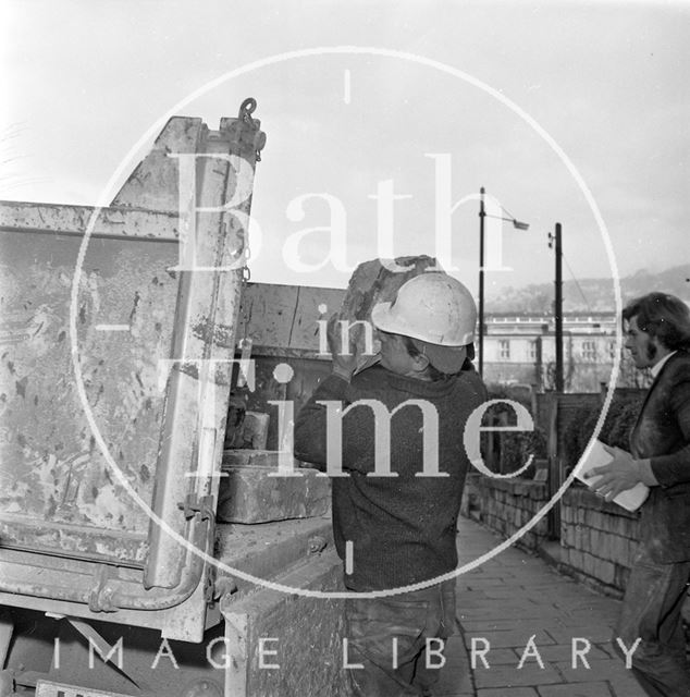 Removing the rubble of the entrance to Southcot Baptist Burial Ground, Bath c.1970