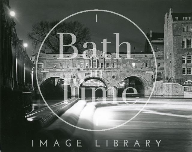 Floodlit Pulteney Bridge and weir, Bath c.1975