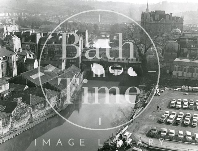 Rear of Pulteney Bridge and view of surrounding area, Bath 1971