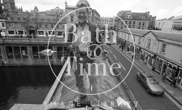 Affixing the weather vane on Pulteney Bridge, Bath 1992