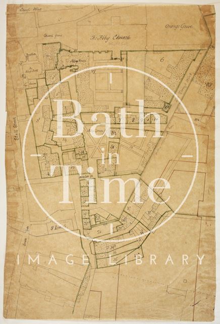 Tracing of a map of the City of Bath c.1750 with highlights c.1860-1870