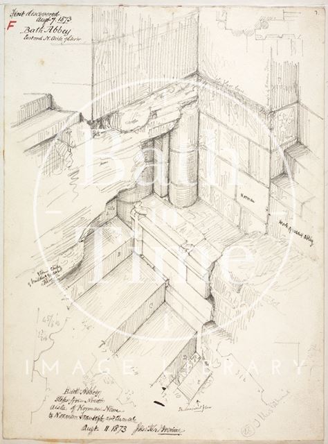 Pencil sketch of the Norman foundations of Bath Abbey 1873