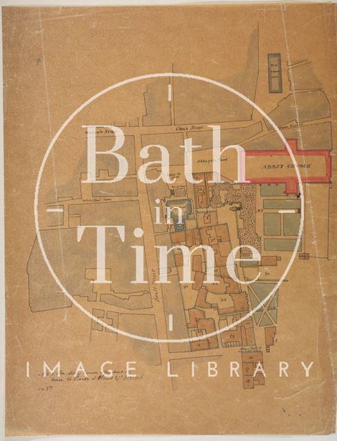 Tracing of a map of the City of Bath c.1750 with highlights c.1860-1870