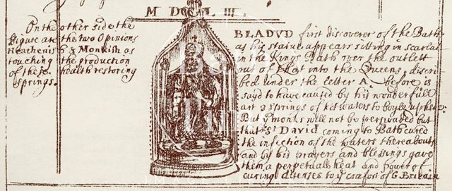 The statue of Bladud at the King's Bath and inscriptions, Bath c.1684