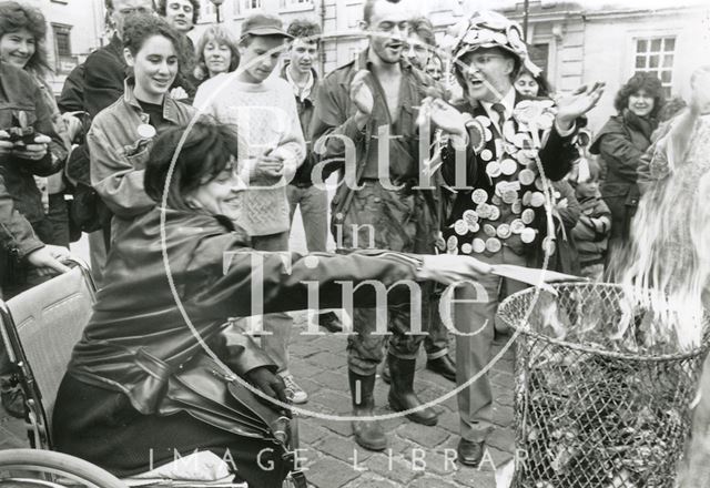 Protest against the Poll Tax organised by Mad Eli. Burning of Poll Tax forms, Bath 1990