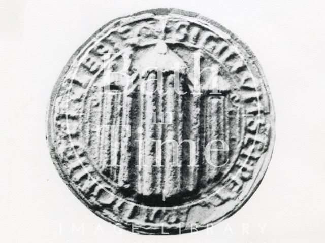 1st Seal of the Chapter of St. Peter's Cathedral, Bath in use from the middle of the 12th to close of 13th century, thought to be showing the early Norman Abbey building 1964