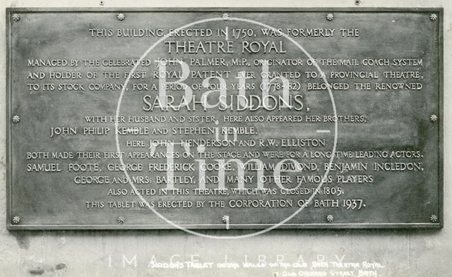 Sarah Siddons tablet, Old Bath Theatre Royal, Old Orchard Street, Bath c.1937