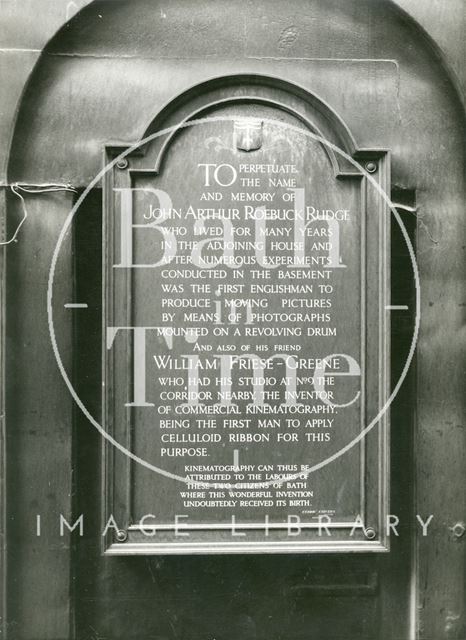 Plaque in memory of John Arthur Roebuck and William Friese-Green on the east wall of New Bond Street Place, Bath. Erected in 1928