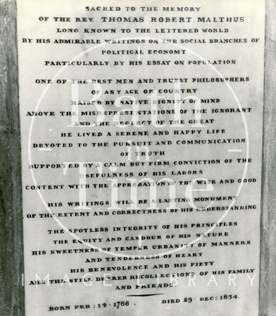 Memorial to the Reverend T.R. Malthus, Bath Abbey c.1960