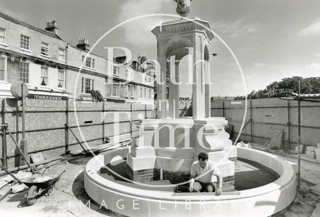 Pieroni's Mineral Water Fountain being re-erected at Terrace Walk after restoration, Bath 1989